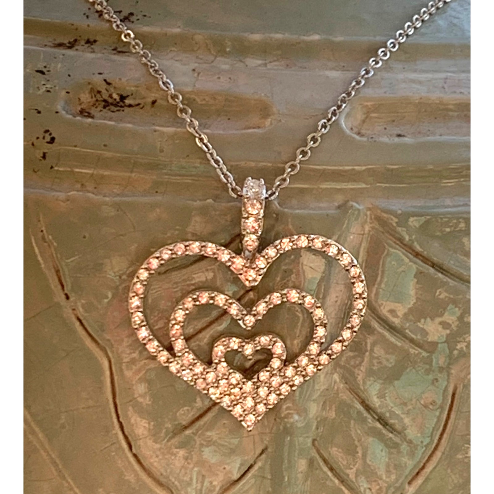 Nolan Miller Silver And Rhinestone Triple Heart Necklace Vintage 15$